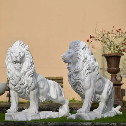 imagem de Par de Leões em Mármore Branco 155cm - EMP699 Escultura Imponente