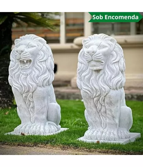 imagem de Par de Leões em Mármore Branco 90cm EMP705 Elegância e Proteção Clássica