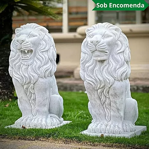 imagem de Par de Leões em Mármore Branco 90cm EMP705 Elegância e Proteção Clássica