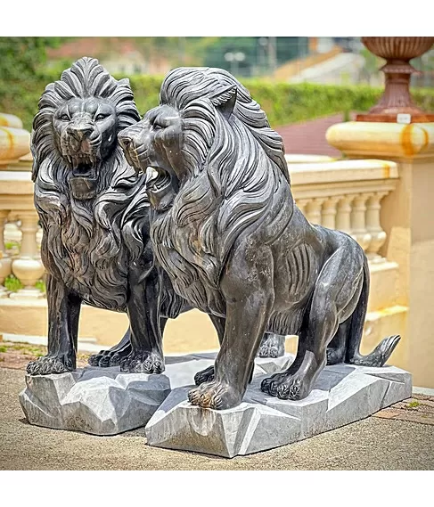 imagem de Par de Leões em Mármore Preto 155cm - EMP704 Presença Majestosa
