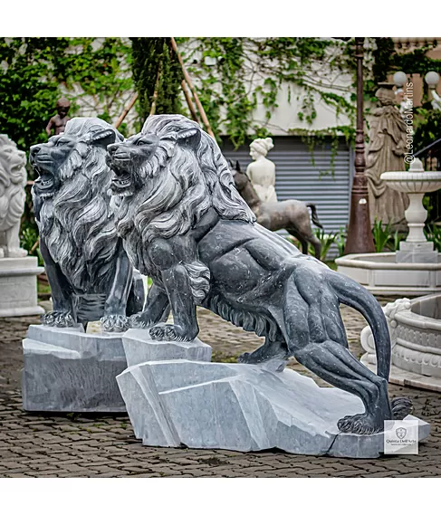 imagem de Par de Leões em Mármore Preto 170cm - EMP547