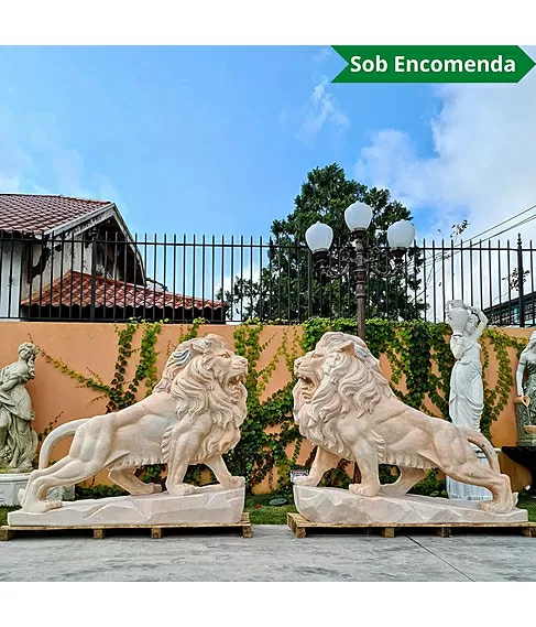 imagem de Par de Leões em Mármore Rosa 145cm EMP449 Elegância e Presença Clássica