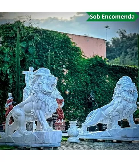 imagem de Par de Leões Grande em Mármore Branco 200cm EMP606 Imponência Monumental