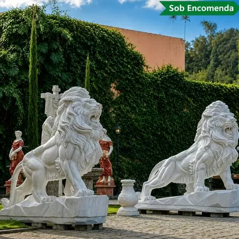 imagem de Par de Leões Grande em Mármore Branco 200cm EMP606 Imponência Monumental