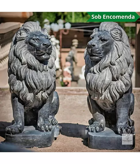 imagem de Par de Leões Sentados em Mármore Preto 120cm EMP712 Sofisticação e Impacto Visual