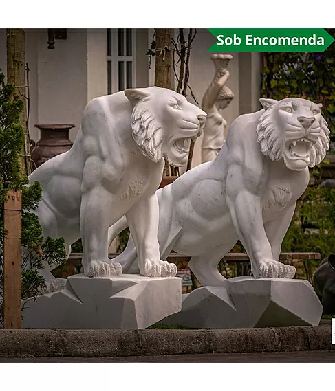 imagem de Par de Tigres em Mármore Branco 120cm - EMP503