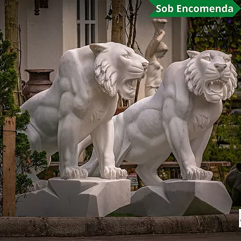 imagem de Par de Tigres em Mármore Branco 120cm EMP503 Força e Elegância Natural