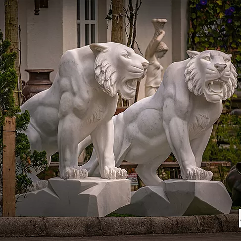 imagem de Par de Tigres em Mármore Branco 120cm EMP503 Força e Elegância Natural