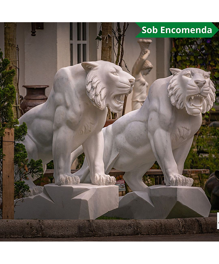 imagem do produto Par de Tigres em M�rmore Branco 120cm EMP503 For�a e Eleg�ncia Natural
