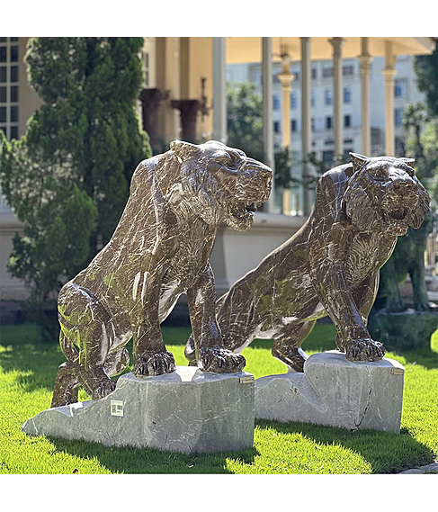 imagem de Par de Tigres em Mármore Marrom Imperial 120cm - EMP609 Luxo e Imponência