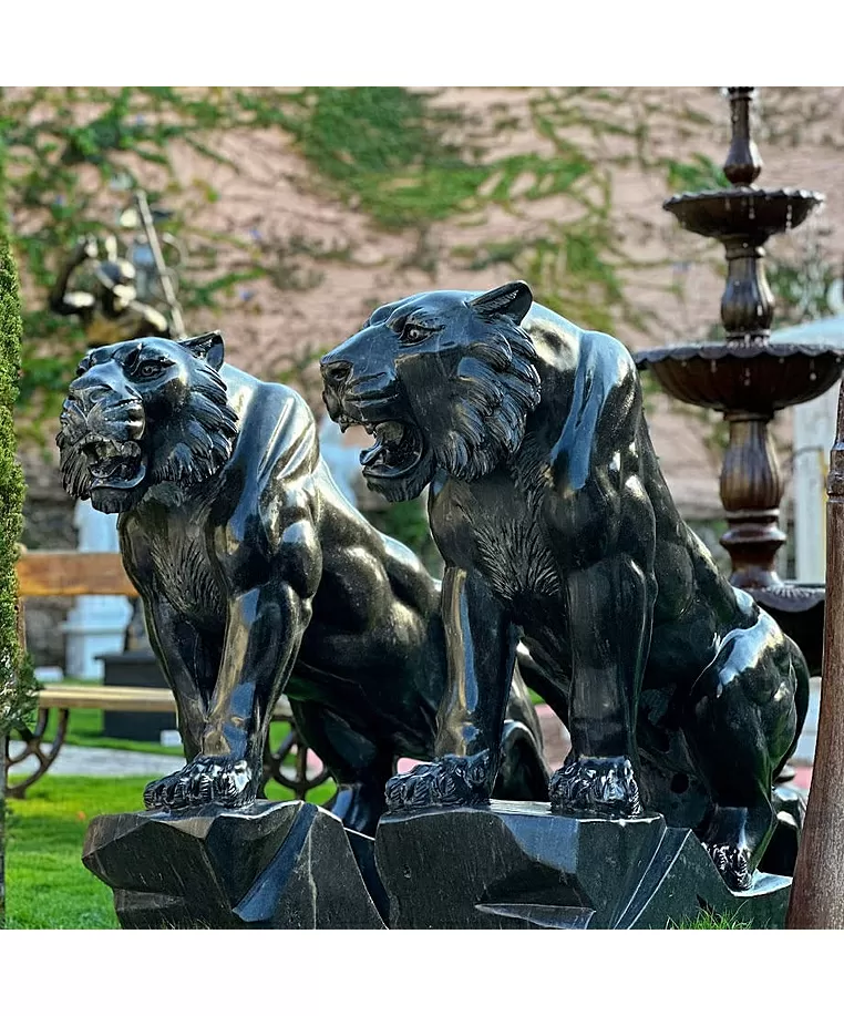 imagem do produto Par de Tigres em M�rmore Negro 120cm - EMP508 For�a e Eleg�ncia